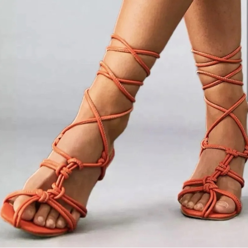 ANTHROPOLOGIE Orange Leather Caged Strappy Sandals